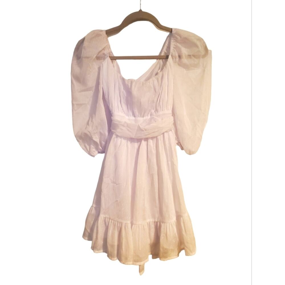 Lucy in the Sky Beautiful Sparkling White Mini Dress Open back with tie bow Sz S